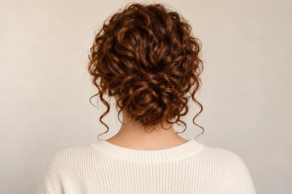 Messy Curly Bun, back view showing the curly hairstyle shape and texture