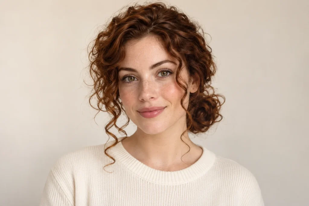 Messy Curly Bun, front view showing the curly hairstyle shape and texture