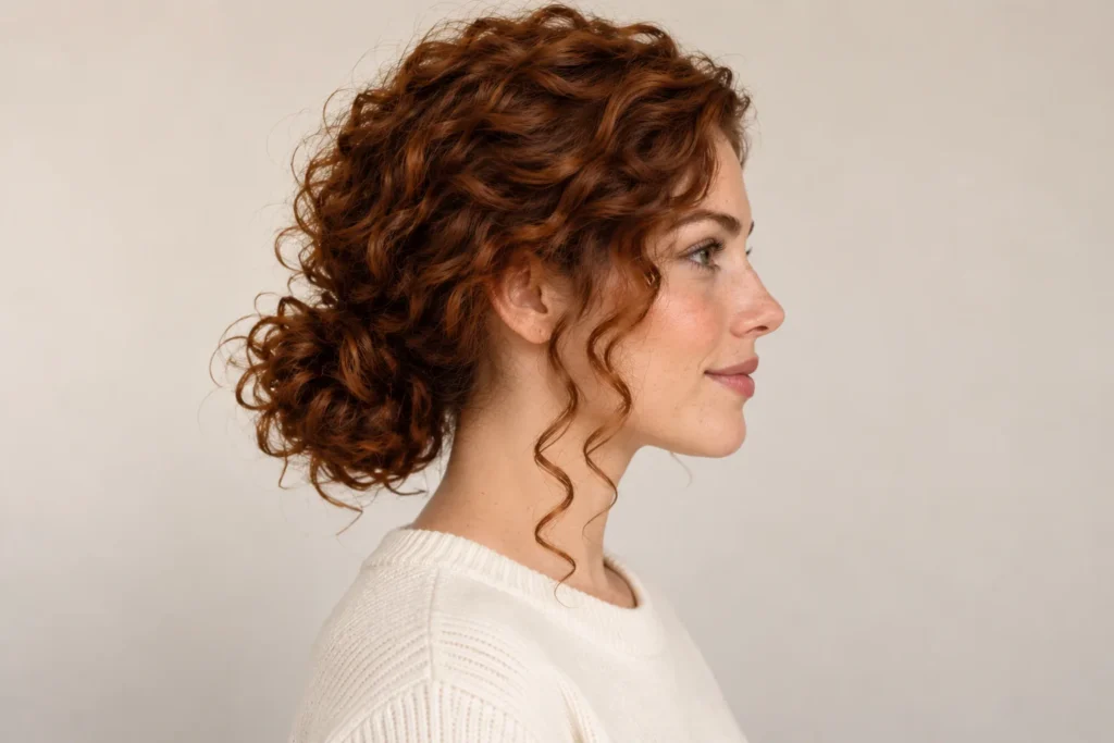 Messy Curly Bun, side view showing the curly hairstyle shape and texture