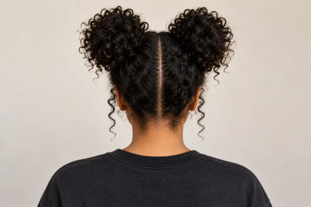 Curly Space Buns, back view showing the curly hairstyle shape and texture