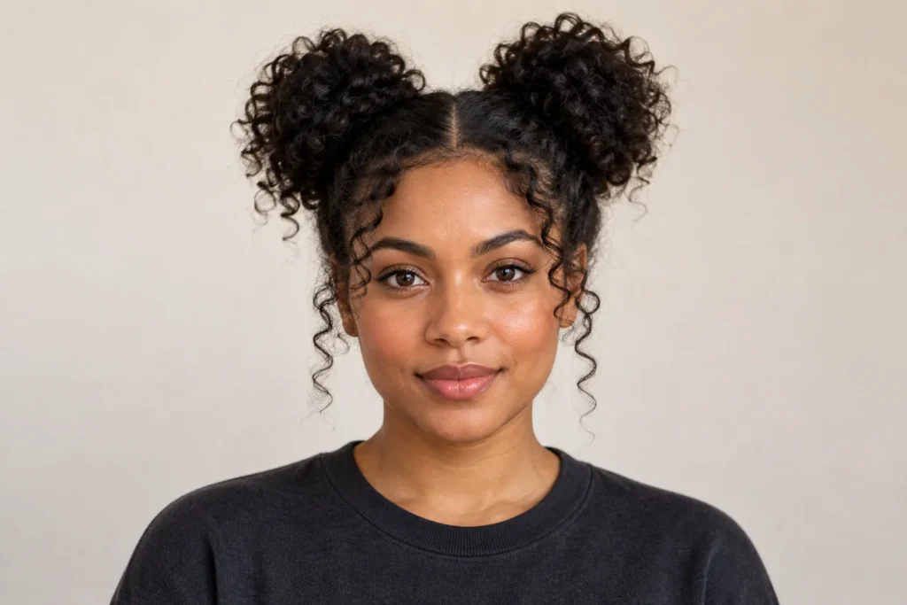 Curly Space Buns, front view showing the curly hairstyle shape and texture