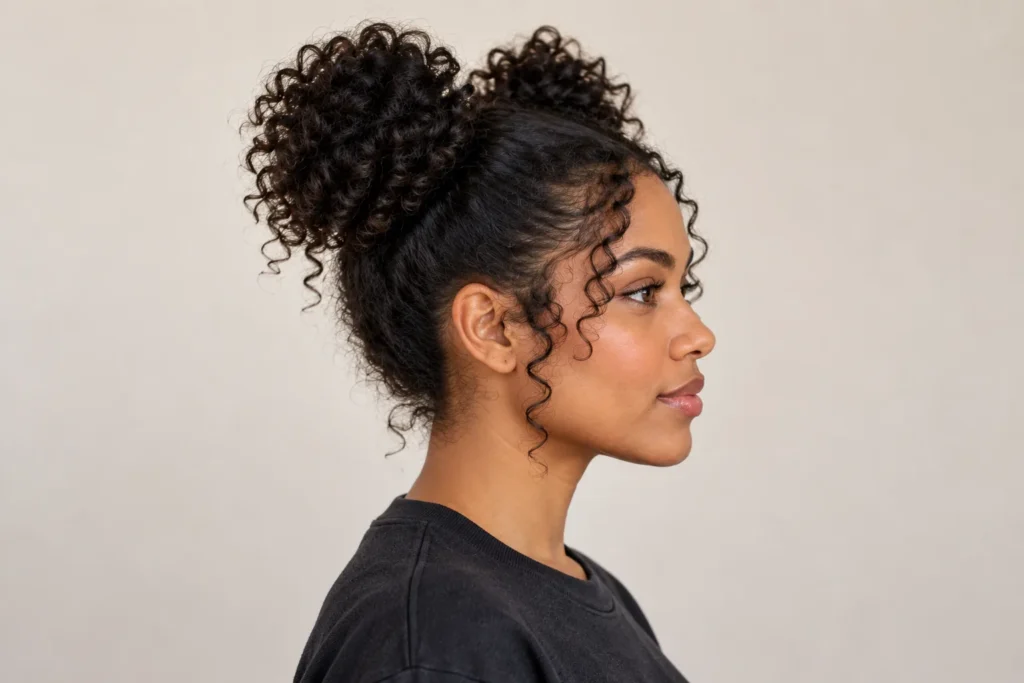 Curly Space Buns, side view showing the curly hairstyle shape and texture