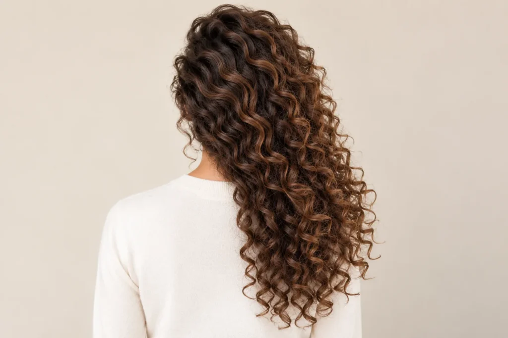 Side-Swept Curls, back view showing the curly hairstyle shape and texture
