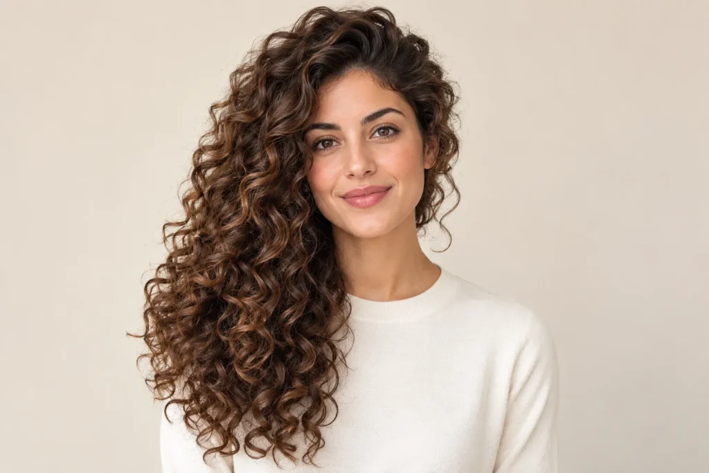 Side-Swept Curls, front view showing the curly hairstyle shape and texture
