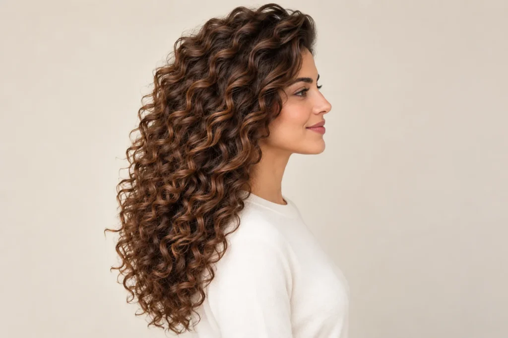 Side-Swept Curls, side view showing the curly hairstyle shape and texture