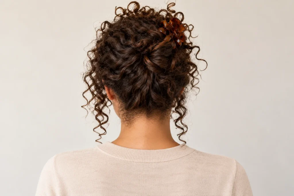 Claw-Clip Curly Updo, back view showing the curly hairstyle shape and texture