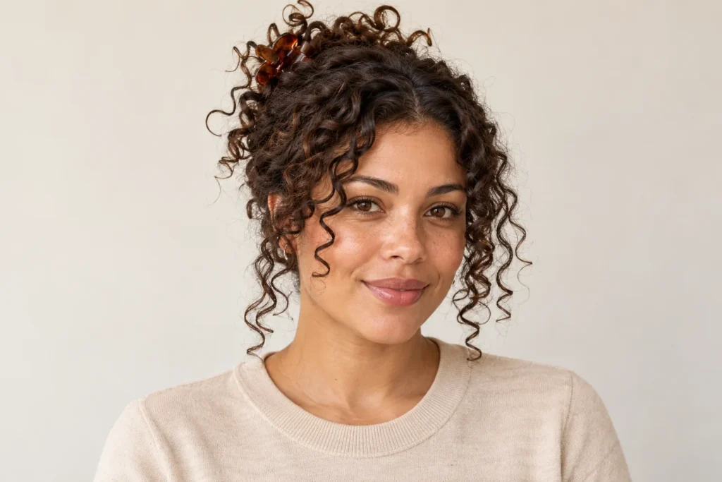Claw-Clip Curly Updo, front view showing the curly hairstyle shape and texture