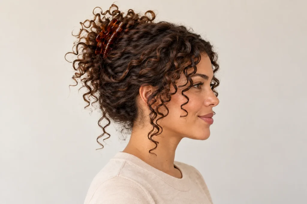 Claw-Clip Curly Updo, side view showing the curly hairstyle shape and texture
