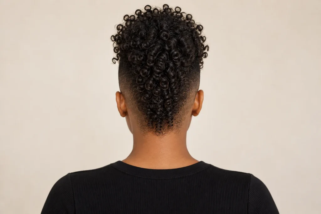 Curly Mohawk, back view showing the curly hairstyle shape and texture