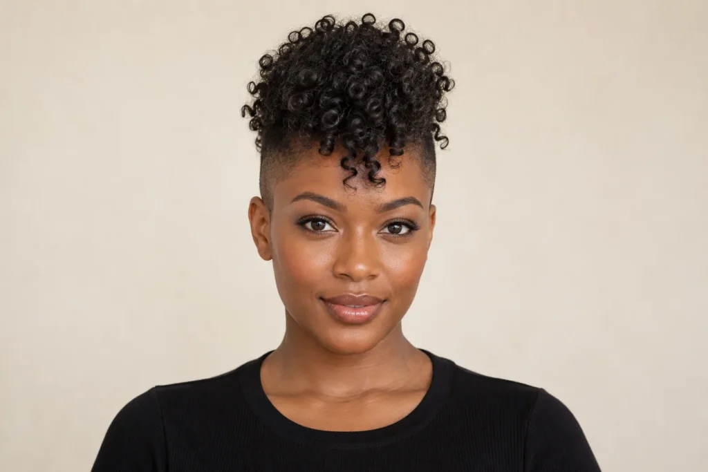 Curly Mohawk, front view showing the curly hairstyle shape and texture