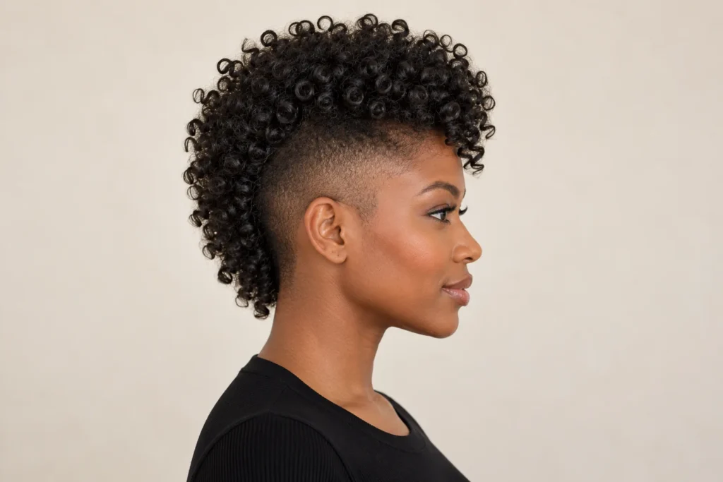 Curly Mohawk, side view showing the curly hairstyle shape and texture