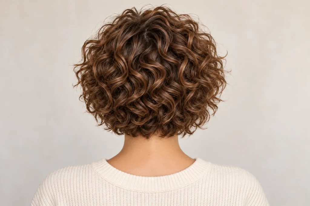 Curly Bixie, back view showing the curly hairstyle shape and texture