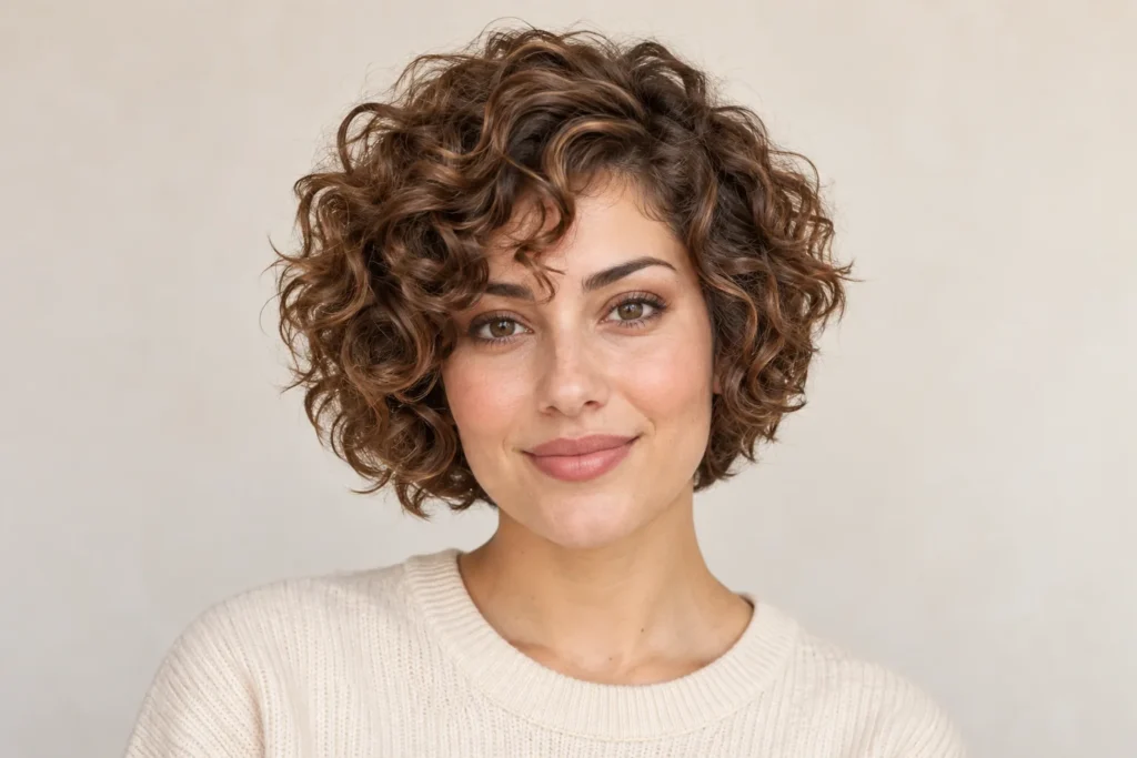 Curly Bixie, front view showing the curly hairstyle shape and texture