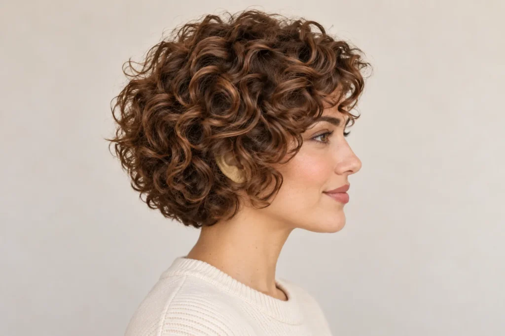 Curly Bixie, side view showing the curly hairstyle shape and texture