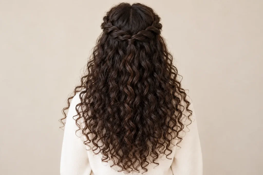 Half-Up Twists With Curls, back view showing the curly hairstyle shape and texture