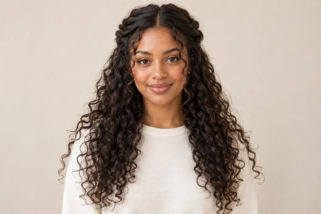Half-Up Twists With Curls, front view showing the curly hairstyle shape and texture