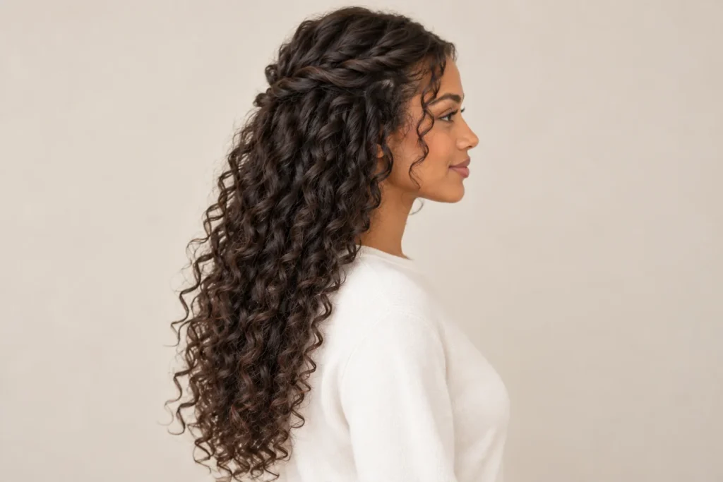 Half-Up Twists With Curls, side view showing the curly hairstyle shape and texture