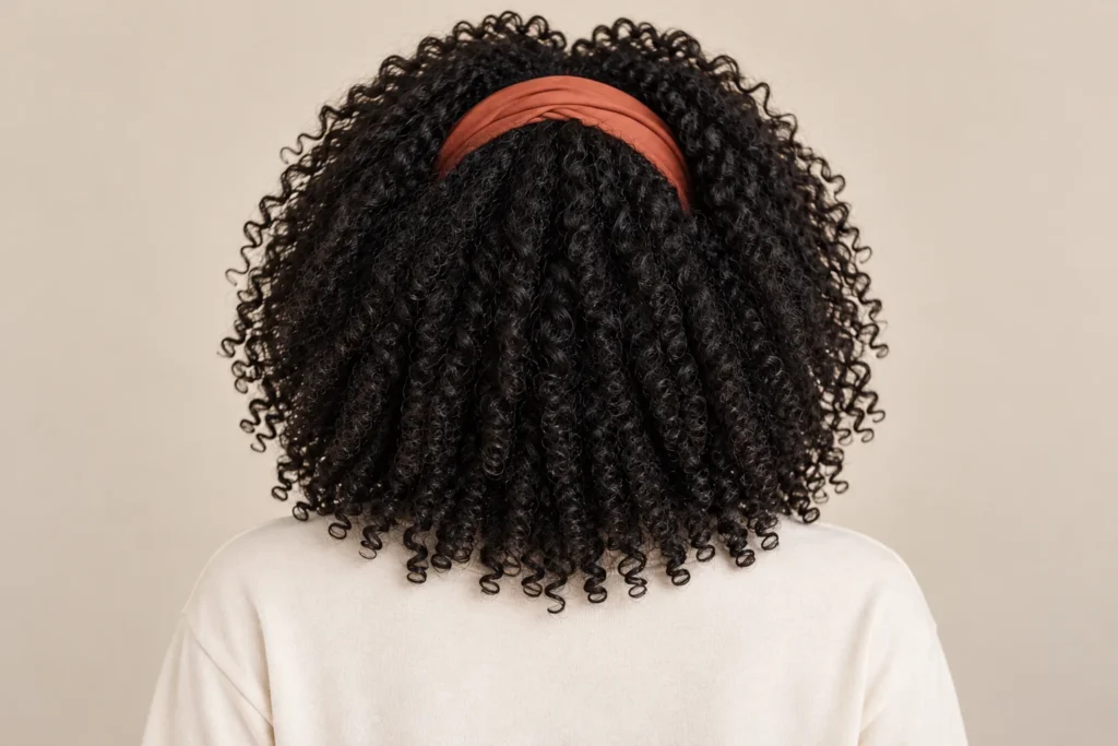Curly Hair With a Headband, back view showing the curly hairstyle shape and texture