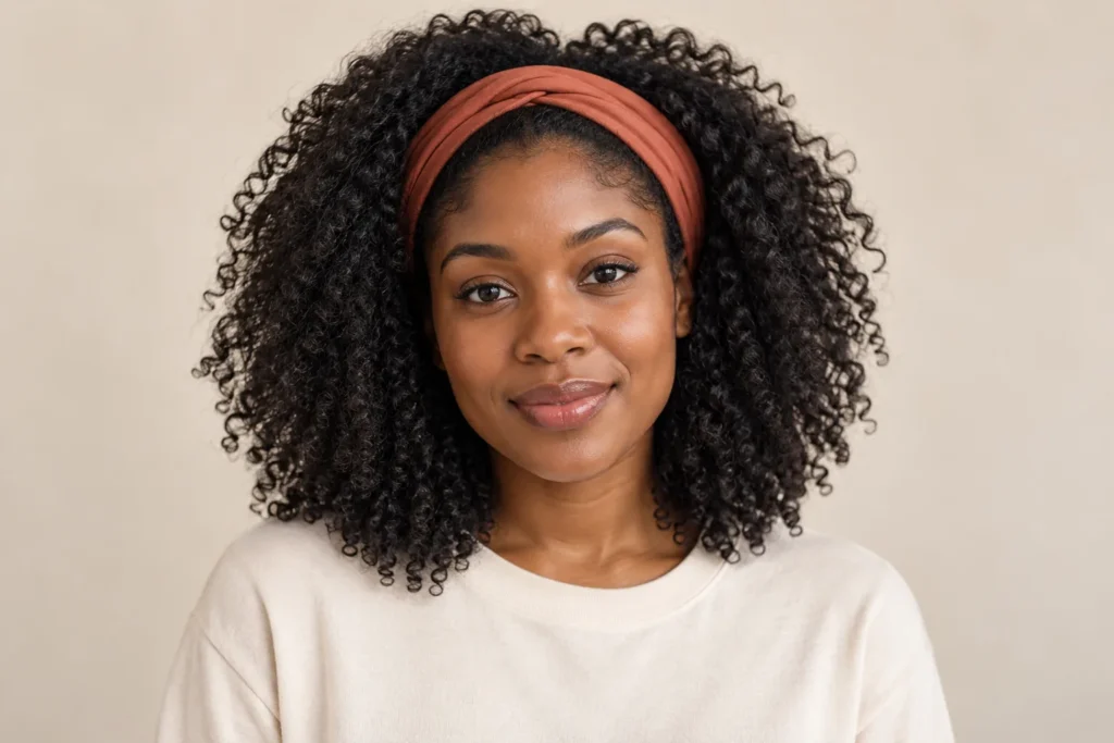 Curly Hair With a Headband, front view showing the curly hairstyle shape and texture