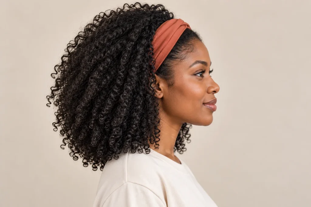 Curly Hair With a Headband, side view showing the curly hairstyle shape and texture
