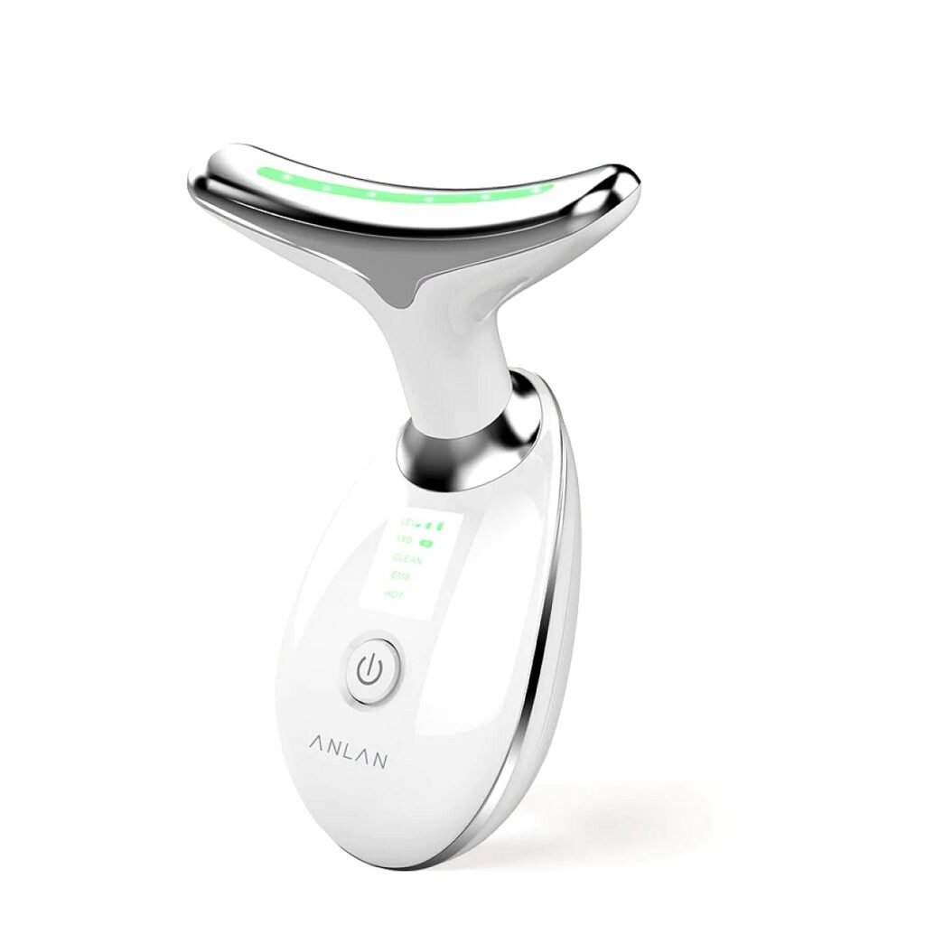 ANLAN EMS neck and face beauty device in white with green light, studio view