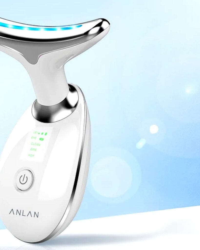 ANLAN EMS neck and face device glowing blue in warm mode