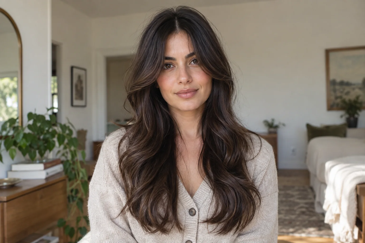 Curtain Bangs and Long Layers hairstyle illustration