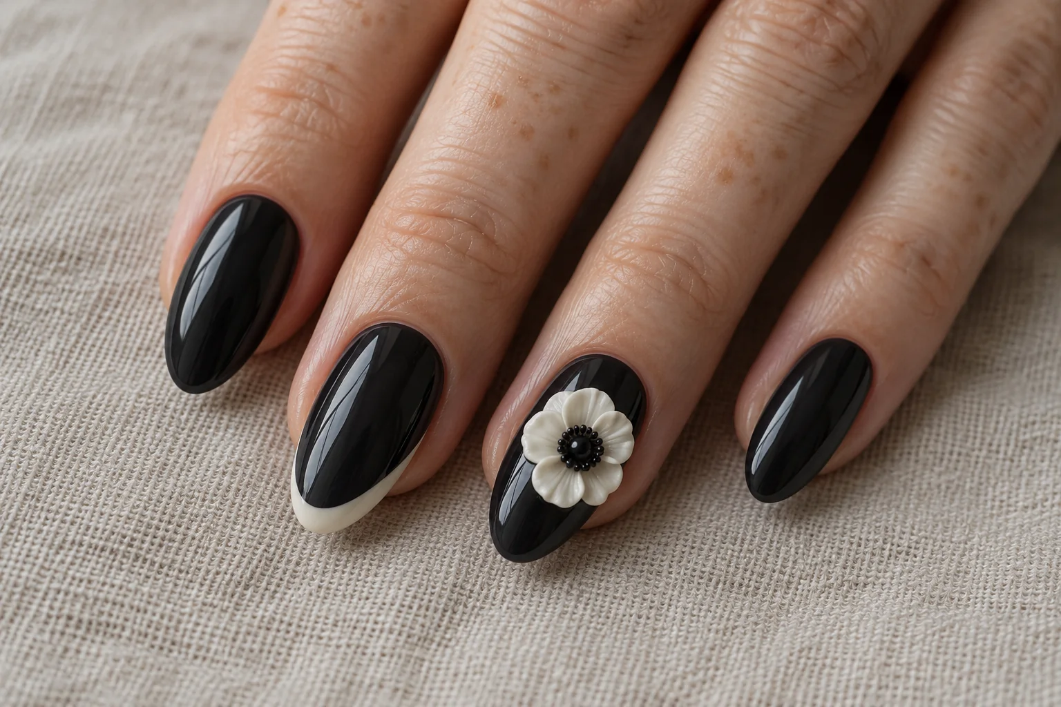 Ivory Anemone on Black Gloss 3D flower nail art design