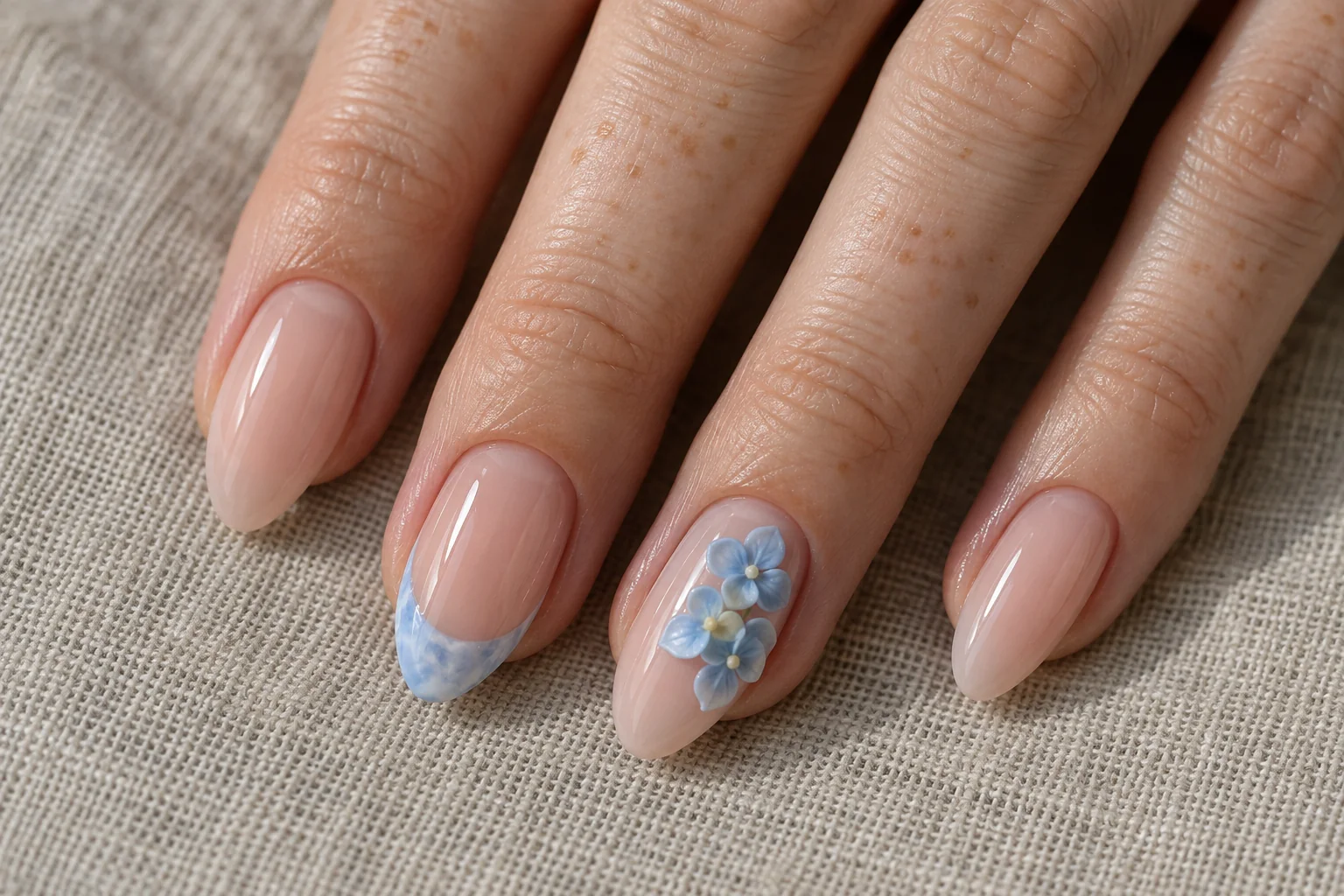 Blue Hydrangea on Sheer Nude 3D flower nail art design