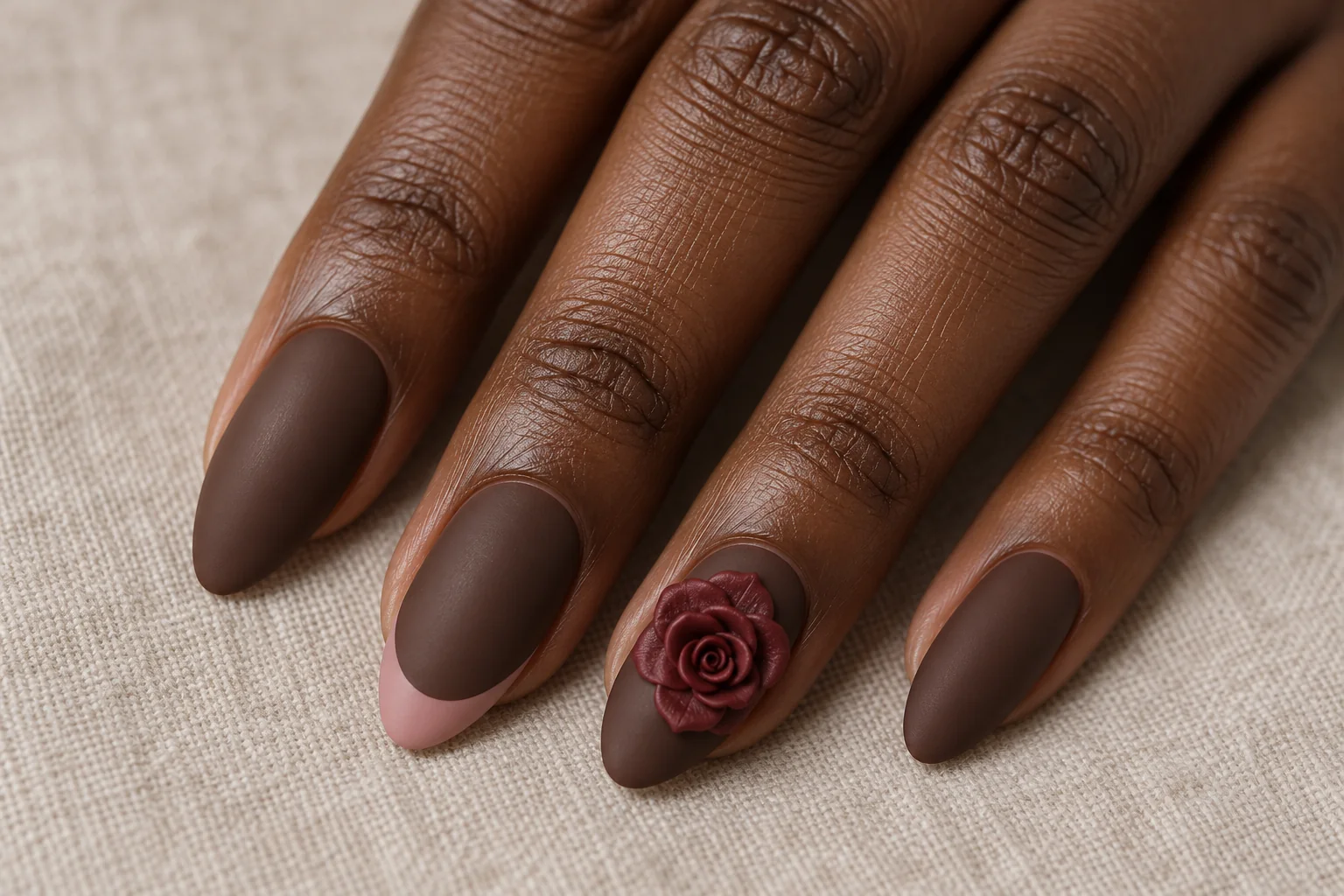 Burgundy Rose and Matte Cocoa 3D flower nail art design