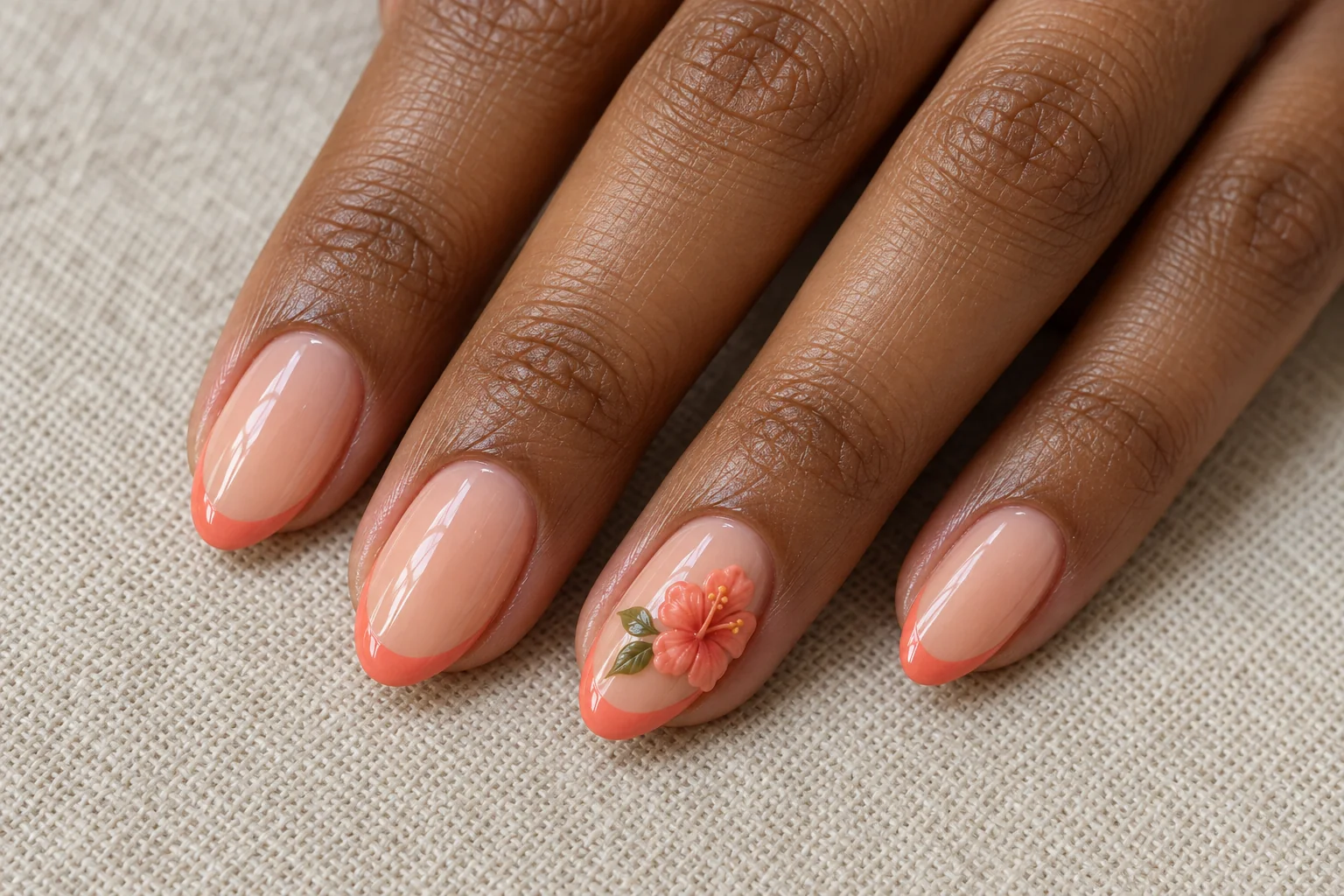 Coral Hibiscus and Apricot Tips 3D flower nail art design