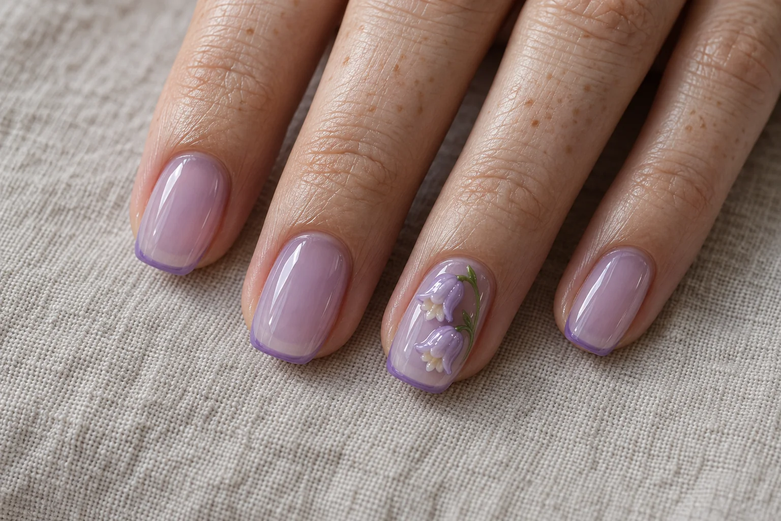 Lavender Bellflowers on Clear Jelly 3D flower nail art design