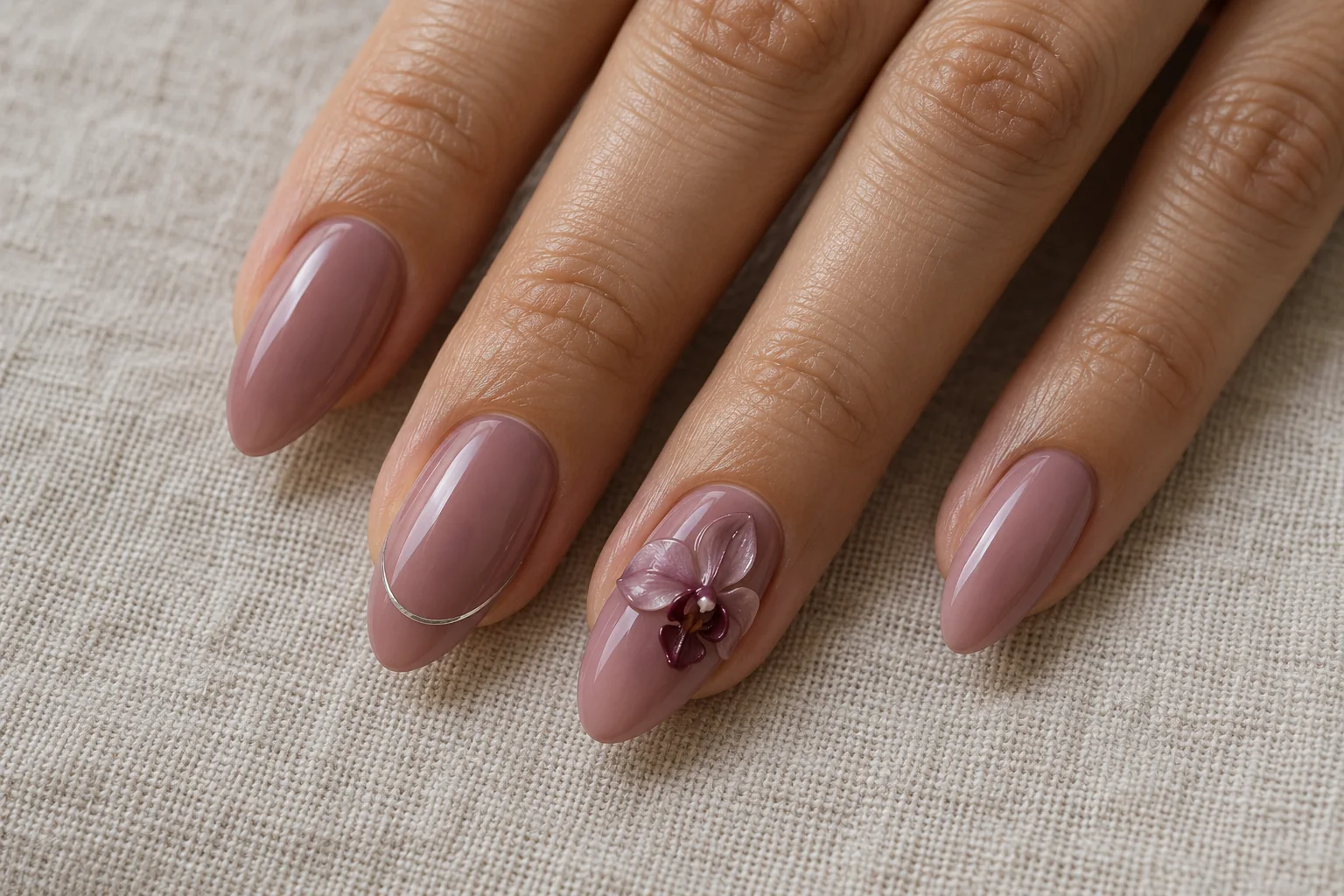 Mauve Orchid on Smoky Rose 3D flower nail art design