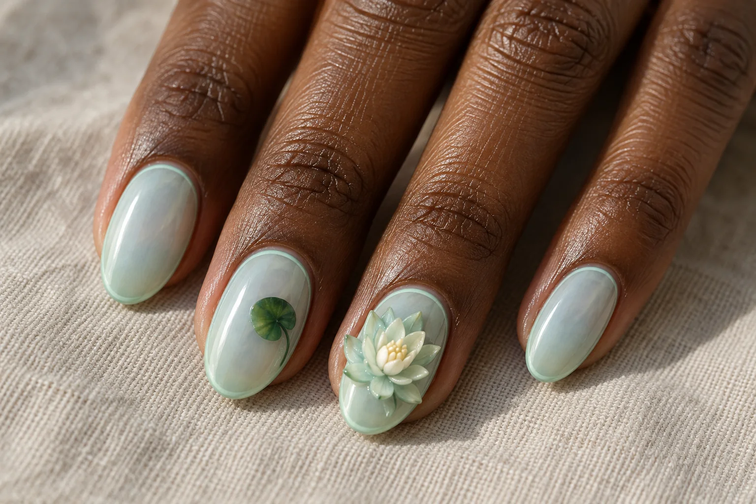 Mint Water Lily on Aqua 3D flower nail art design