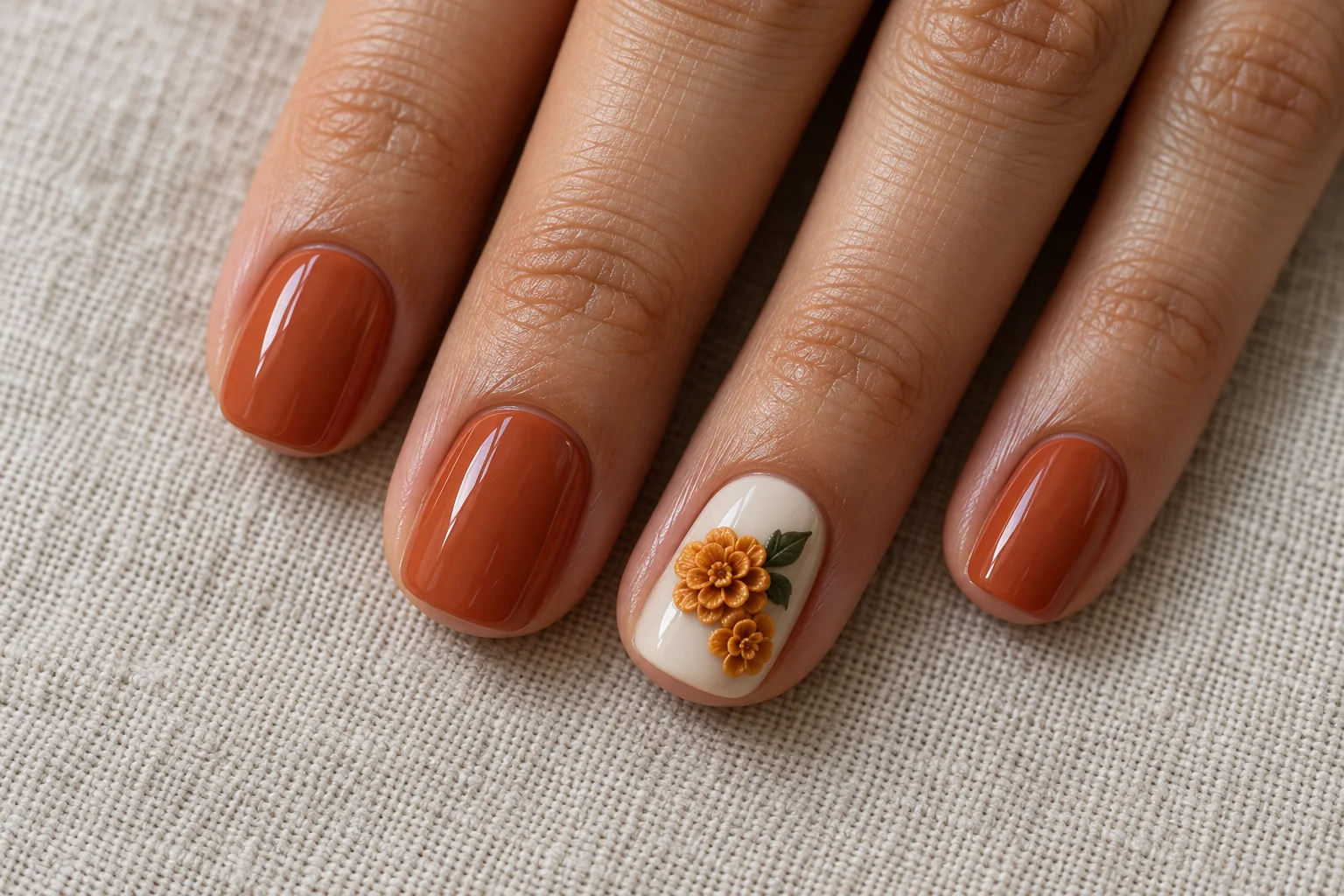 Mini Marigolds on Terracotta 3D flower nail art design