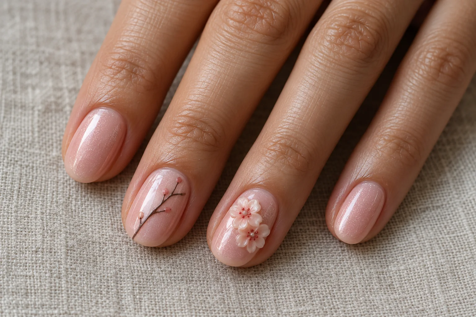 Pearl Cherry Blossom on Blush 3D flower nail art design