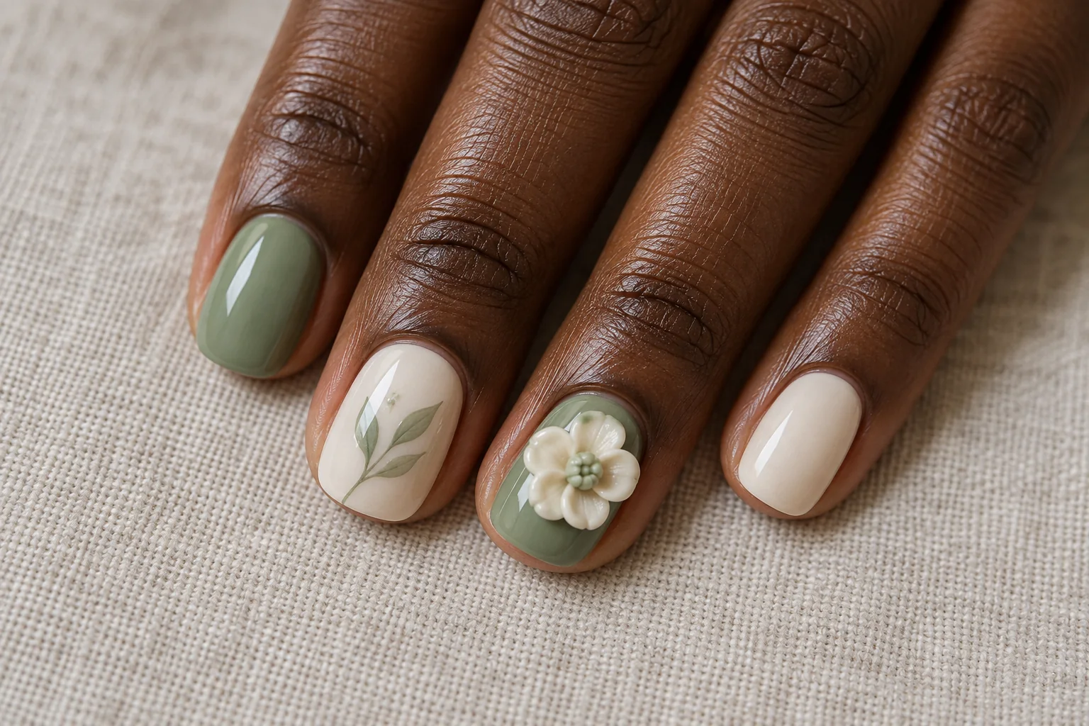 Sage Camellia and Cream 3D flower nail art design