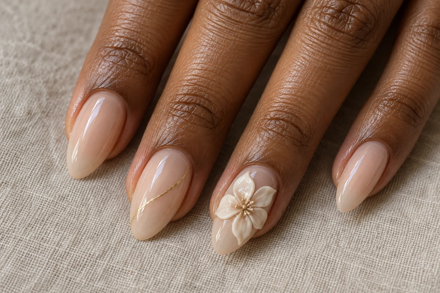 White Magnolia and Champagne Lines 3D flower nail art design