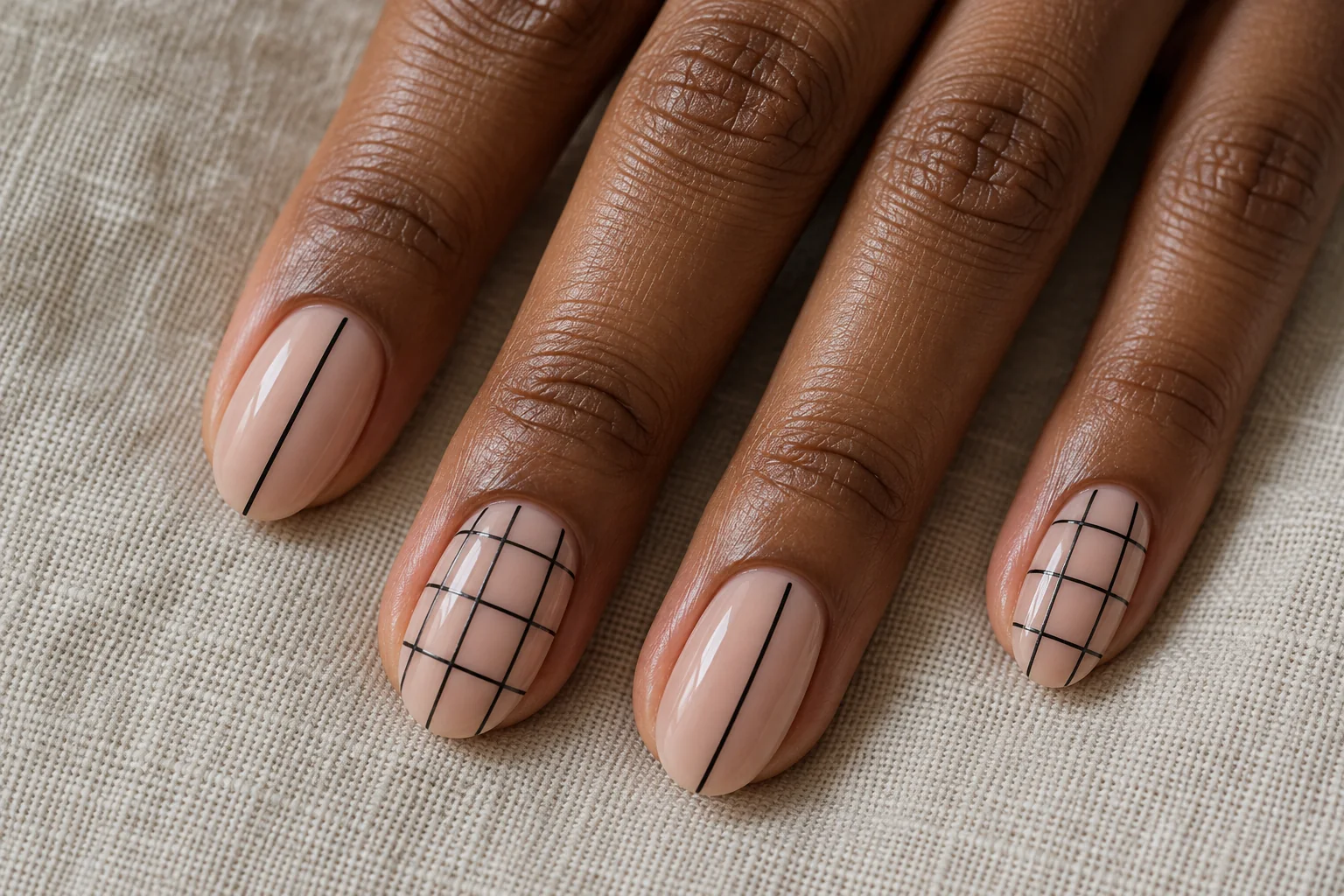 Fine Black Grid geometric nail art design