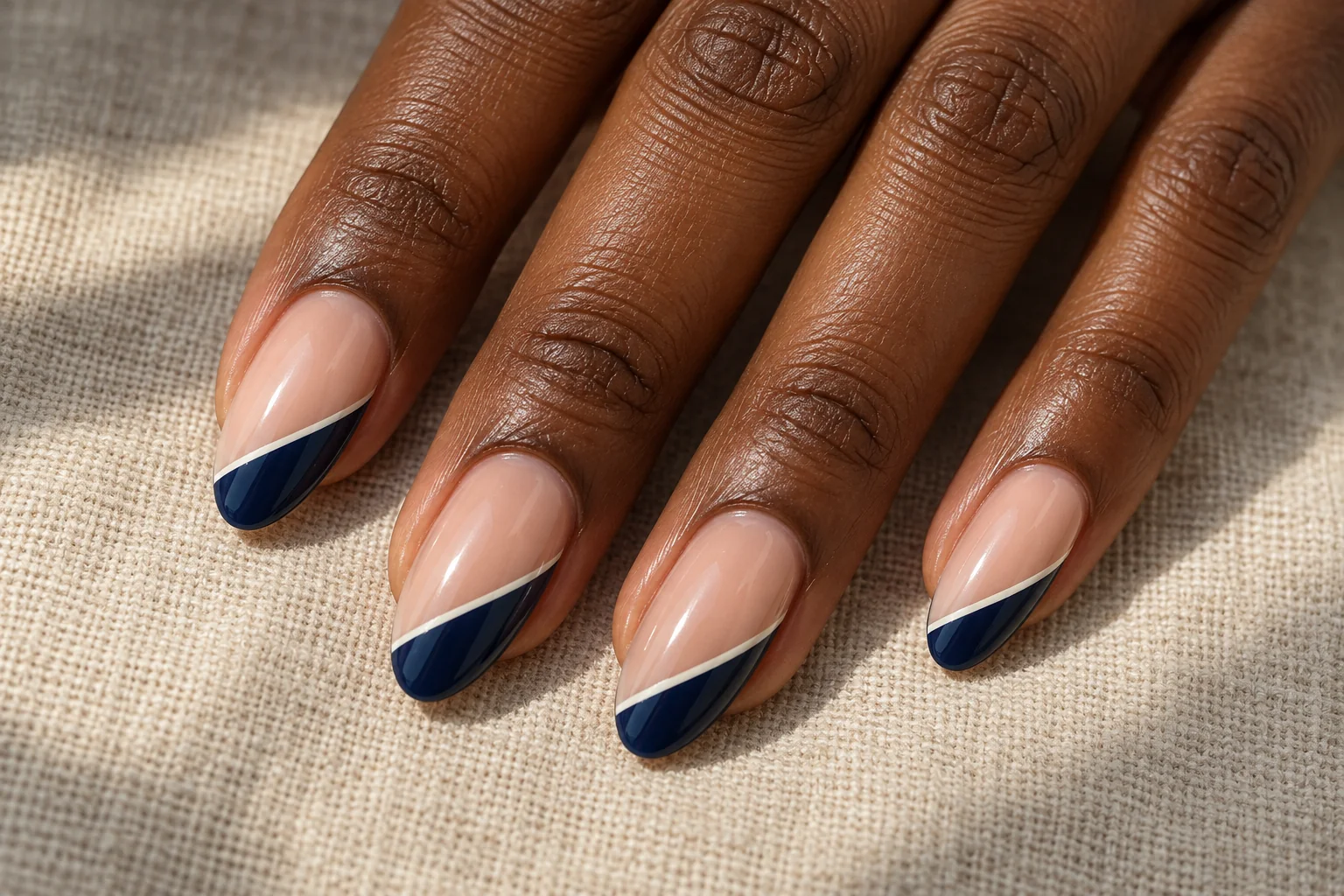 Navy Diagonal French Tips geometric nail art design
