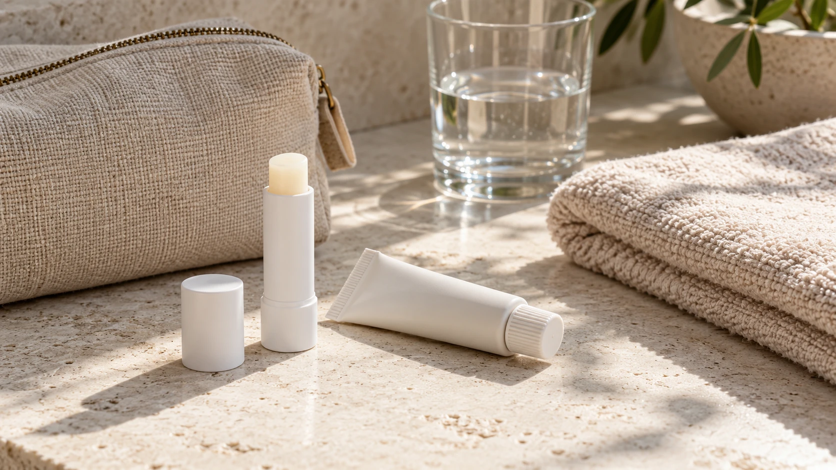 Lip balm and ointment beside a travel pouch