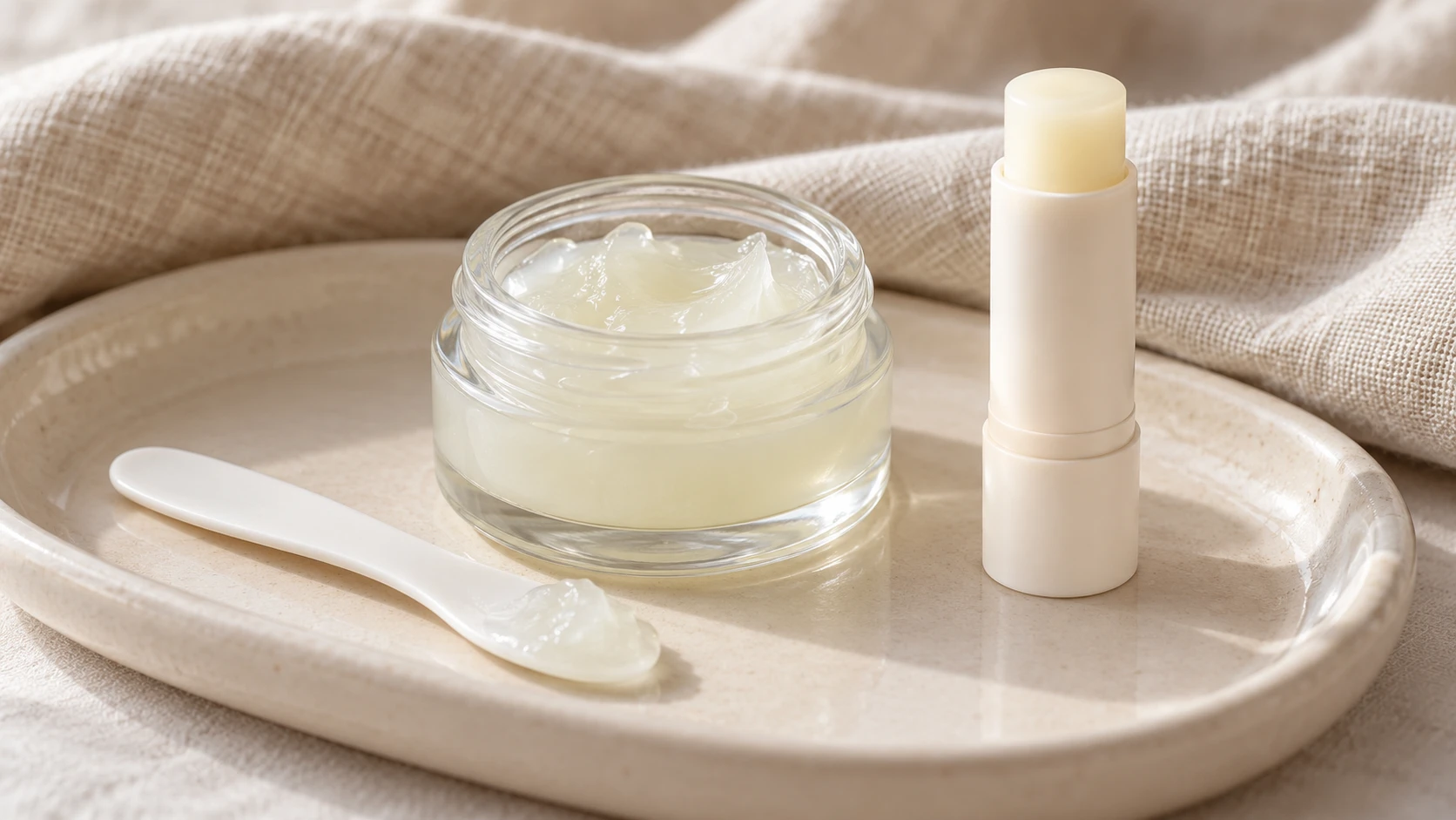 Petroleum jelly jar, cosmetic spatula and lip balm on a cream ceramic tray