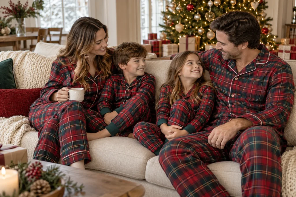Classic Tartan Family Christmas Pajamas shown in an alternate seated view