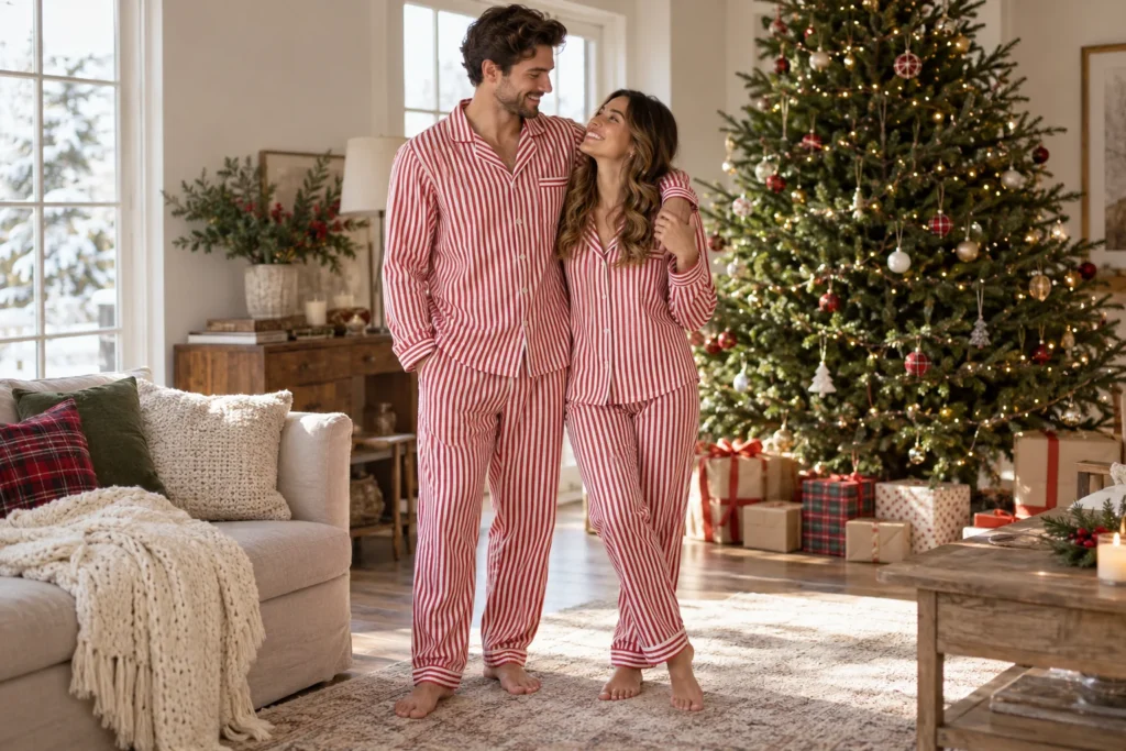 Candy-Cane Striped Matching Pajamas shown in a full outfit view