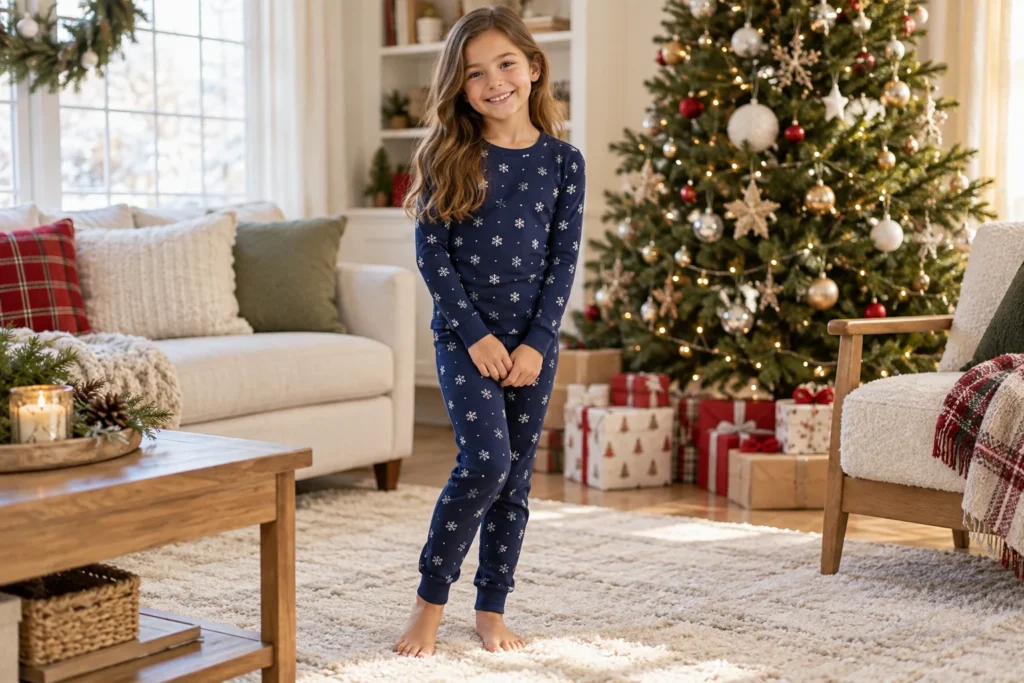 Snowflake Kids Christmas Pajamas shown in a full outfit view