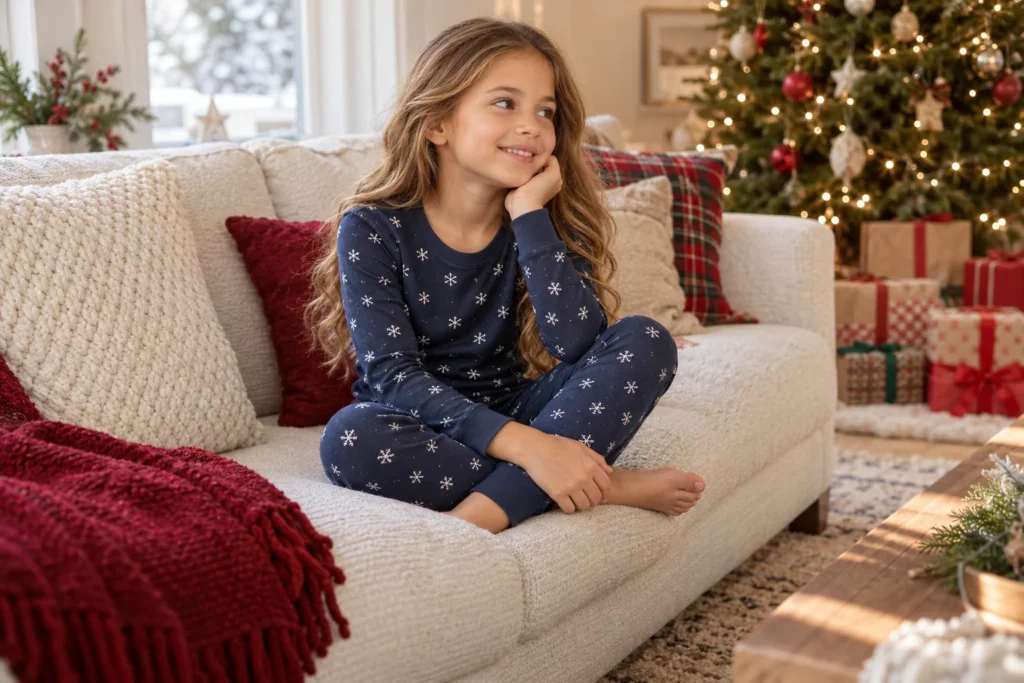 Snowflake Kids Christmas Pajamas shown in an alternate seated view