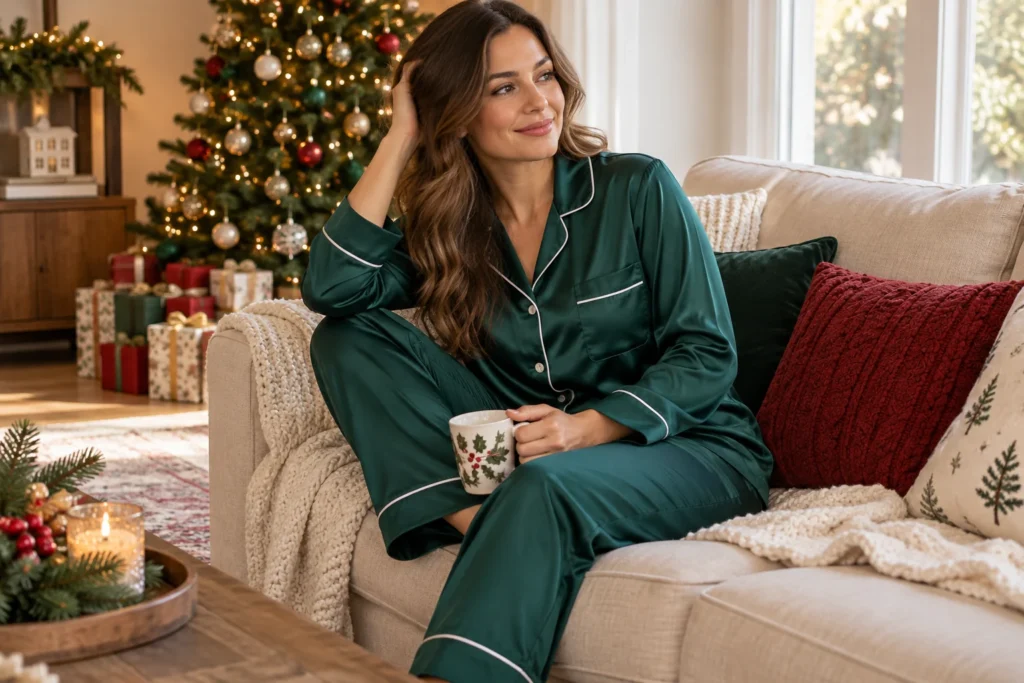 Emerald Women’s Festive PJs shown in an alternate seated view