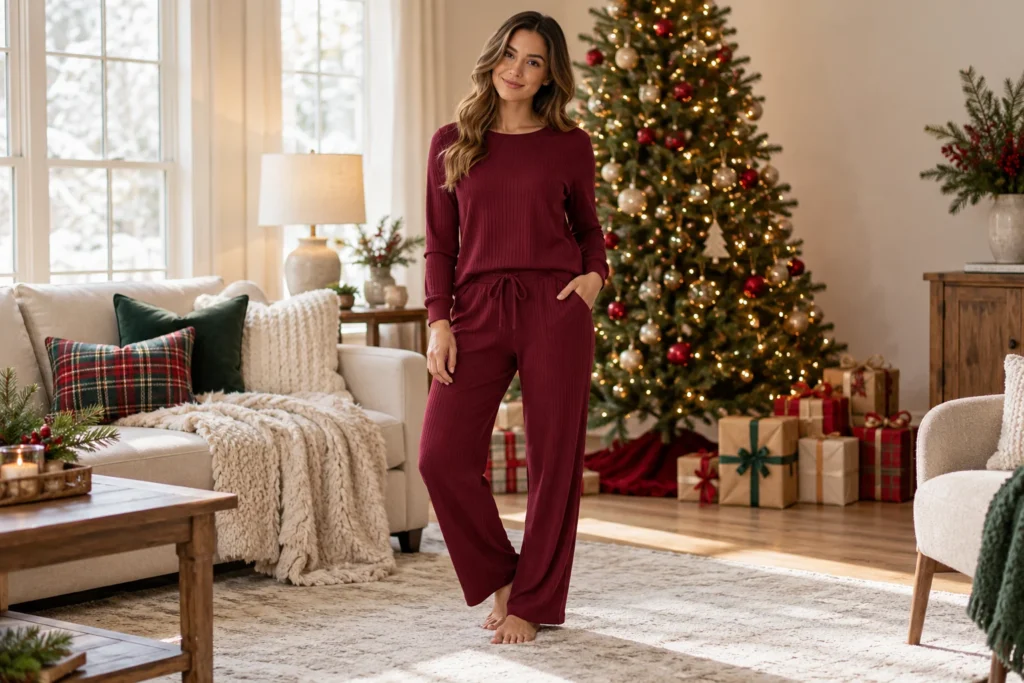 Burgundy Christmas Sleepwear for Women shown in a full outfit view