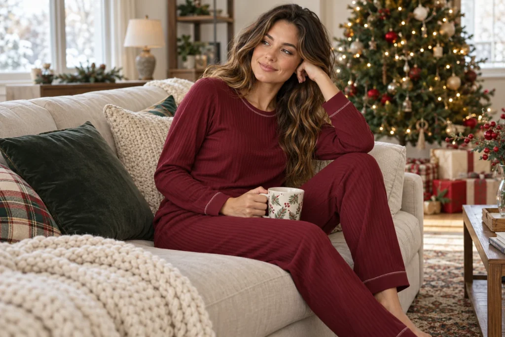 Burgundy Christmas Sleepwear for Women shown in an alternate seated view