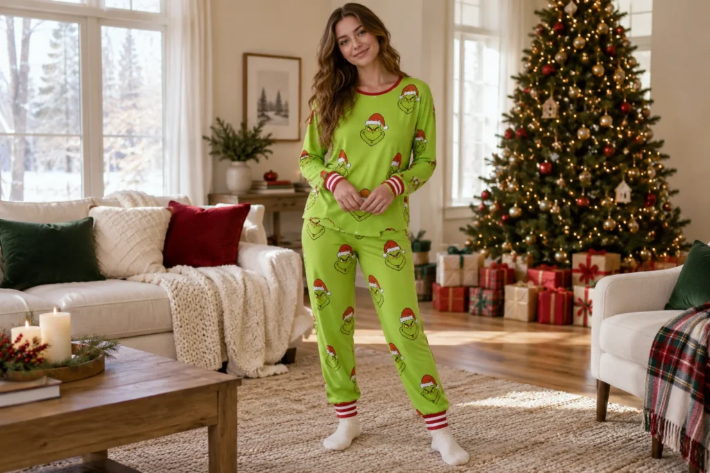 Grinch-Inspired Green Pajamas shown in a full outfit view